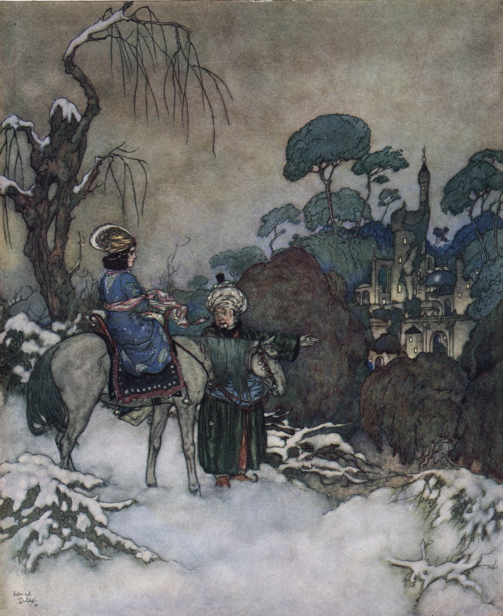 Skönheten och odjuret: Belle, som har gått med på att ta sin fars plats som fånge hos Bete för att befria honom, går mot slottet, ca 1910 (litografi) av Edmund Dulac