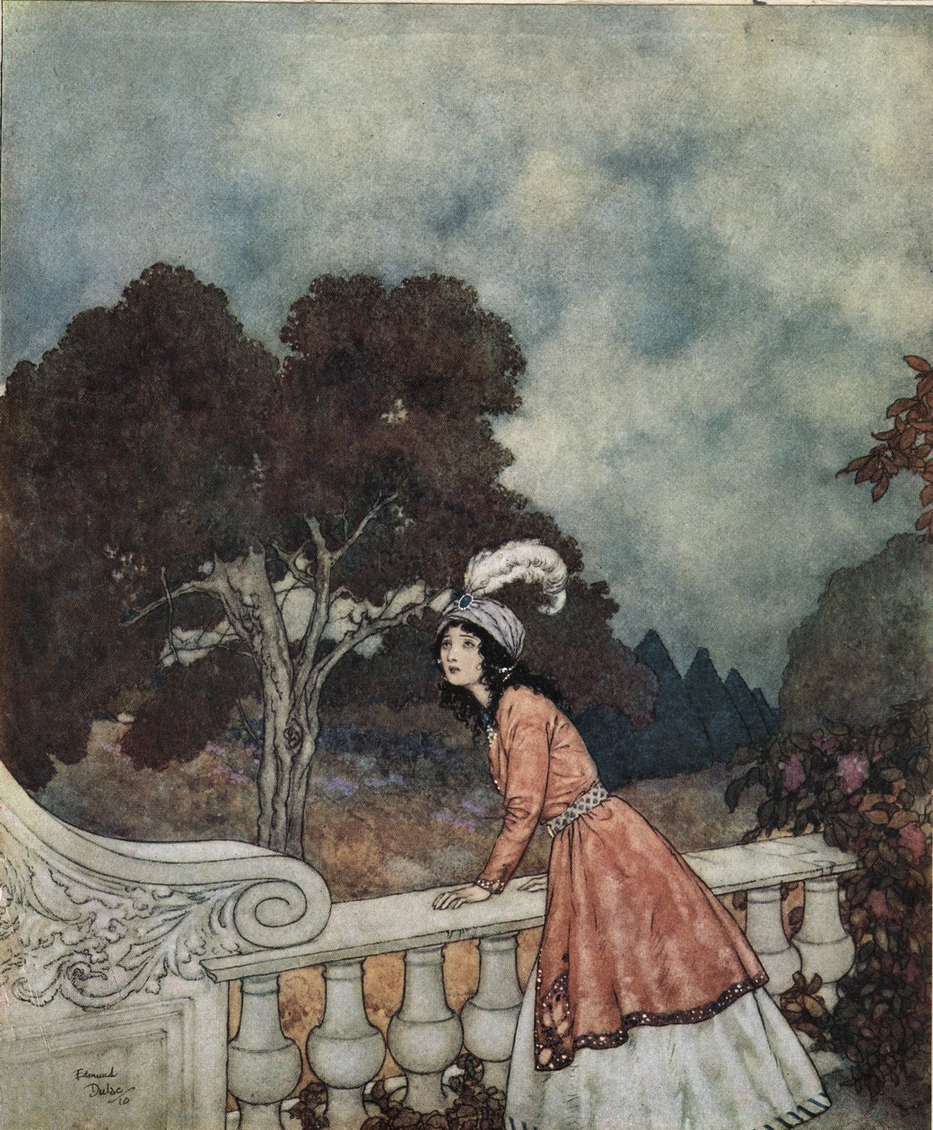 Blåskägg: Blåskäggs unga fru Fatima frågar sin syster Anne om hon ser sina bröder från tornet, ca 1910 (litografi) av Edmund Dulac