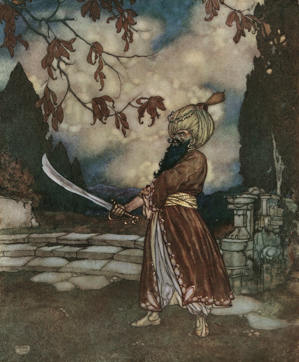 Blått skägg: Det skräckinjagande blåskägget har ett skägg som är så svart att det ser blått ut, ca 1910 (litografi) av Edmund Dulac