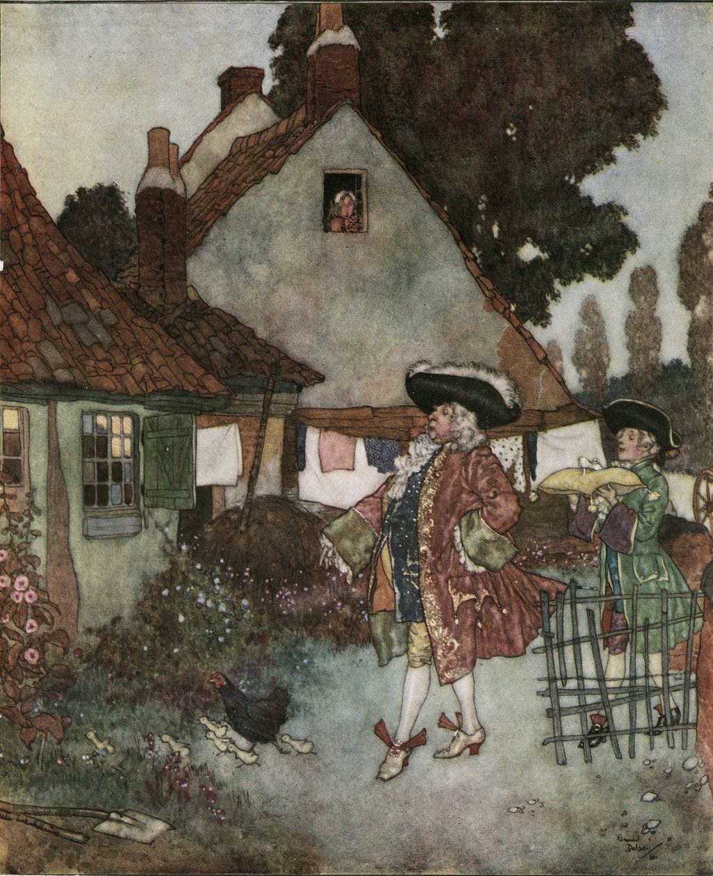 Askungen (Cinderella): ministern, söker i alla stugor och hus i riket flickan som förlorade sin toffel av vair c.1910 (litografi) av Edmund Dulac