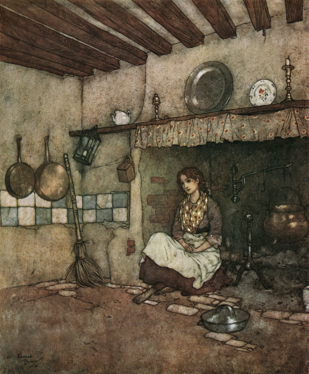 Askungen: den unga Askungen sitter bland askan i skorstenen, ca 1910 (litografi) av Edmund Dulac