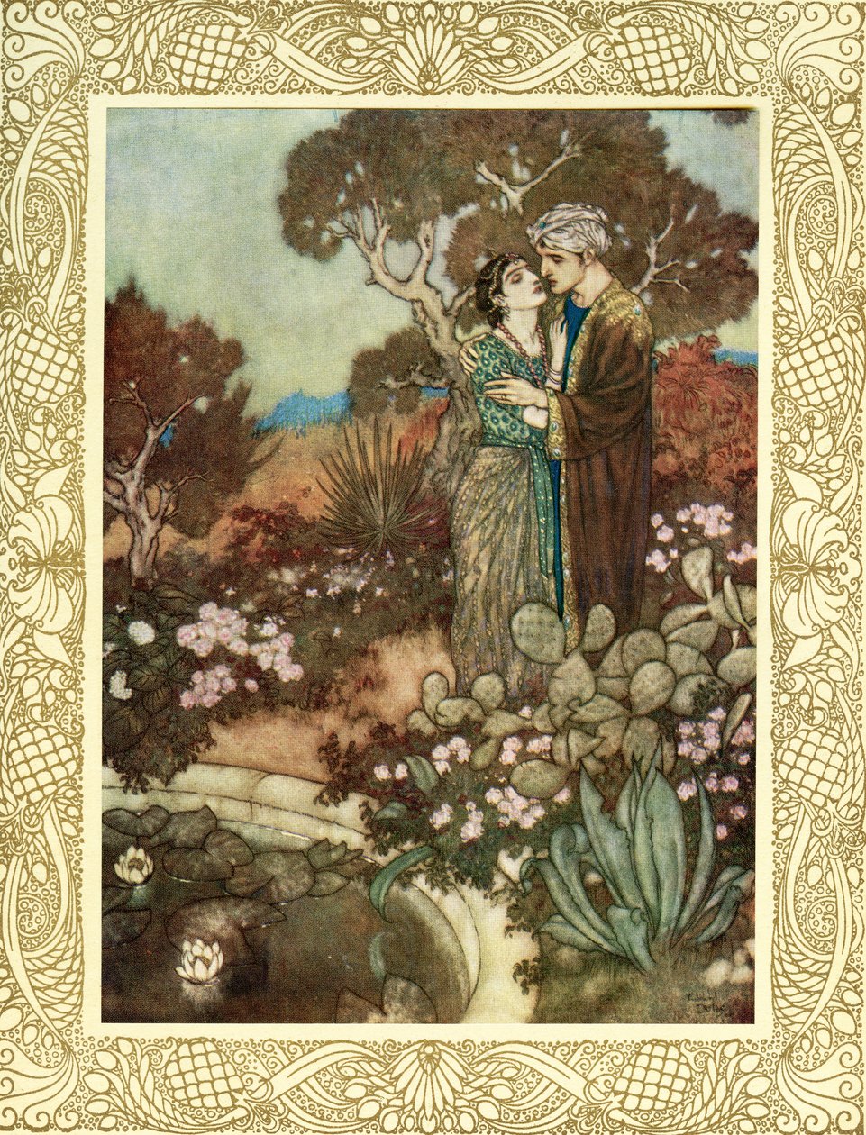 Har du, under din lilla nådatimme, den vajande cypressen i dina armar, innan modern återvänder till sina armar, och upplöser dig i en sista omfamning, illustration från "The Rubaiyat of Omar Khayyam", publicerad 1909 (färglitografi) av Edmund Dulac