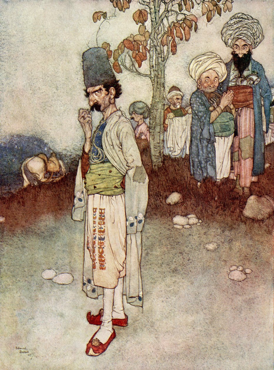 Han antog en förklädnad som var lämplig för hans syfte, illustration från "Ali Baba och de fyrtio tjuvarna av Edmund Dulac