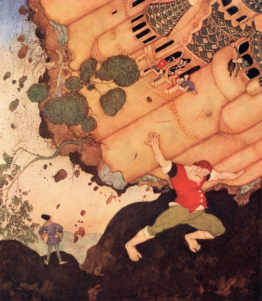"Hej vän, ta hela slottet med drottningen och allt vad det innehåller på dina axlar", illustration från den belgiska sagan The Seven Conquerors of the Queen of the Mississippi, ur Edmund Dulacs Fairy-Book: Fairy Tales of the Allied Nations, p av Edmund Dulac