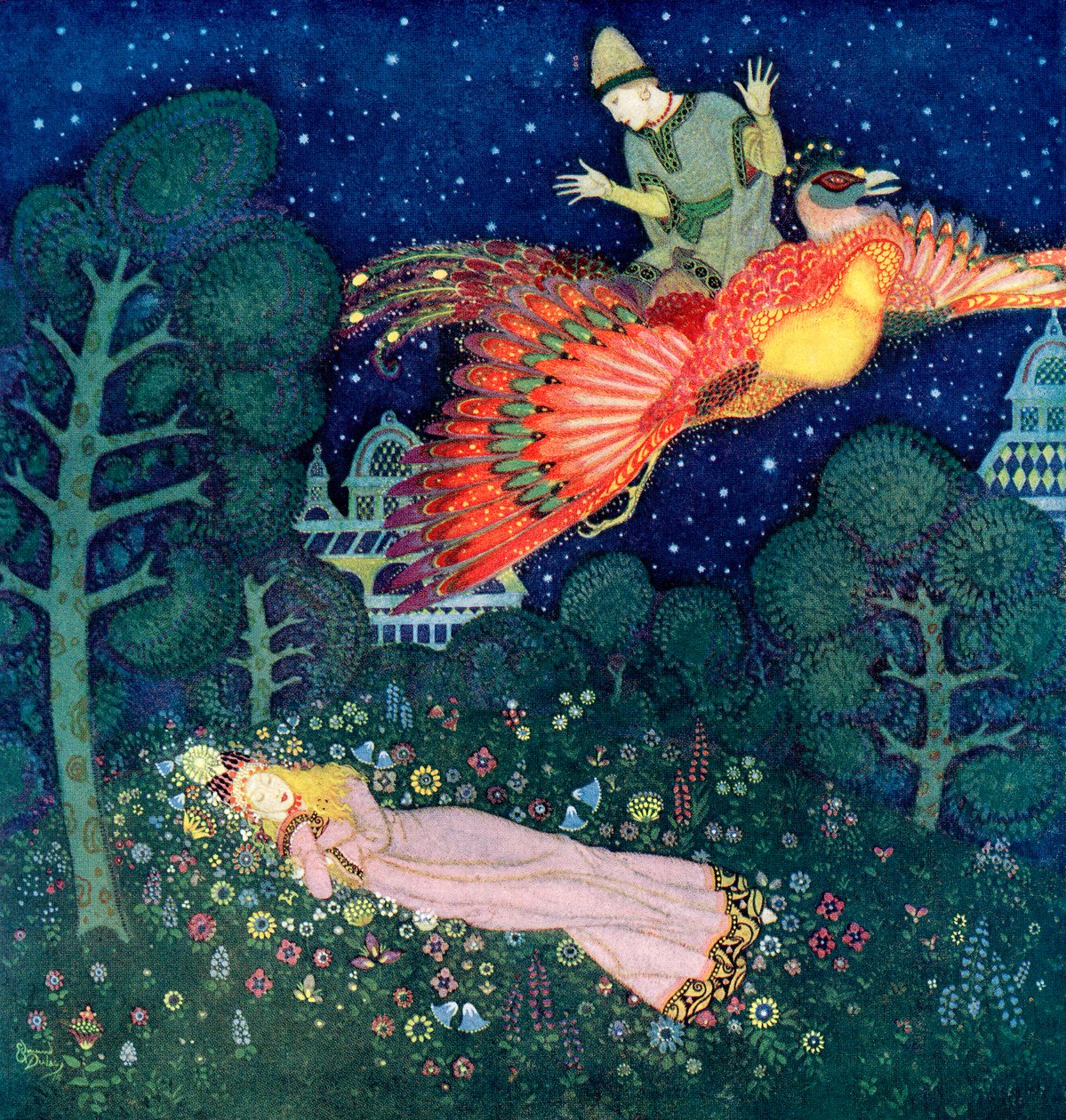 Illustration till den ryska sagan Eldfågeln av Edmund Dulac