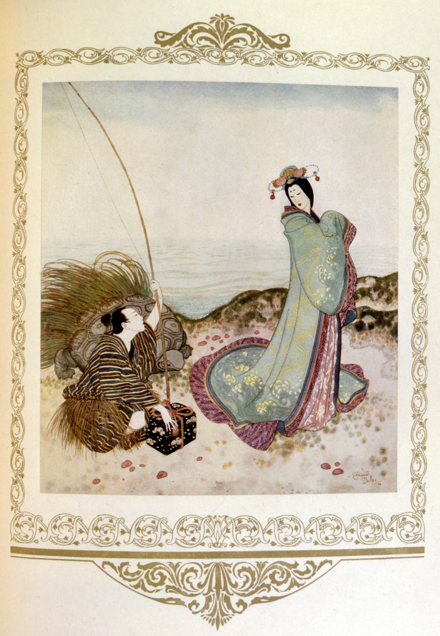 Illustration "man med jättesköldpadda talar med kvinna. Japan" av Dulac. av Edmund Dulac
