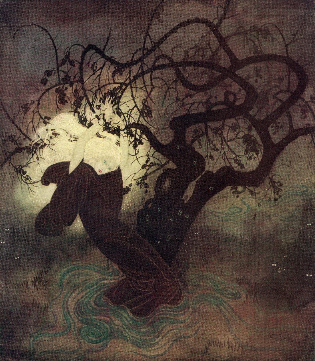 "I hennes desperata kamp föll huvan på hennes kappa tillbaka från hennes bländande gyllene hår, och omedelbart översvämmades hela platsen av ljus", illustration från den engelska sagan The Buried Moon, ur Edmund Dulacs Fairy-Book: Fairy Tales of the A av Edmund Dulac