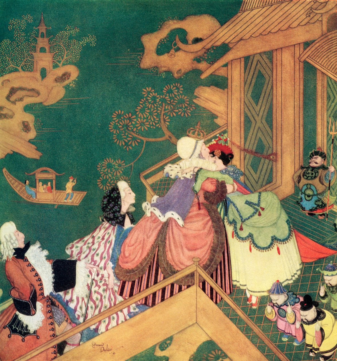 "Laideronnette kysste och omfamnade den goda beskyddarinnan", illustrationfrån den franska sagan Den gröna ormen, ur Edmund Dulacs Fairy-Book: Fairy Tales of the Allied Nations, utgiven 1916 av Edmund Dulac