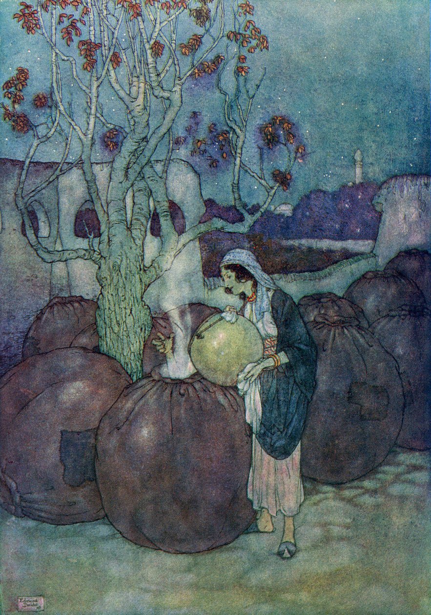 Morgiana hällde i tur och ordning en tillräcklig mängd av den kokande oljan i varje burk, illustration från "Ali Baba och de fyrtio tjuvarna av Edmund Dulac