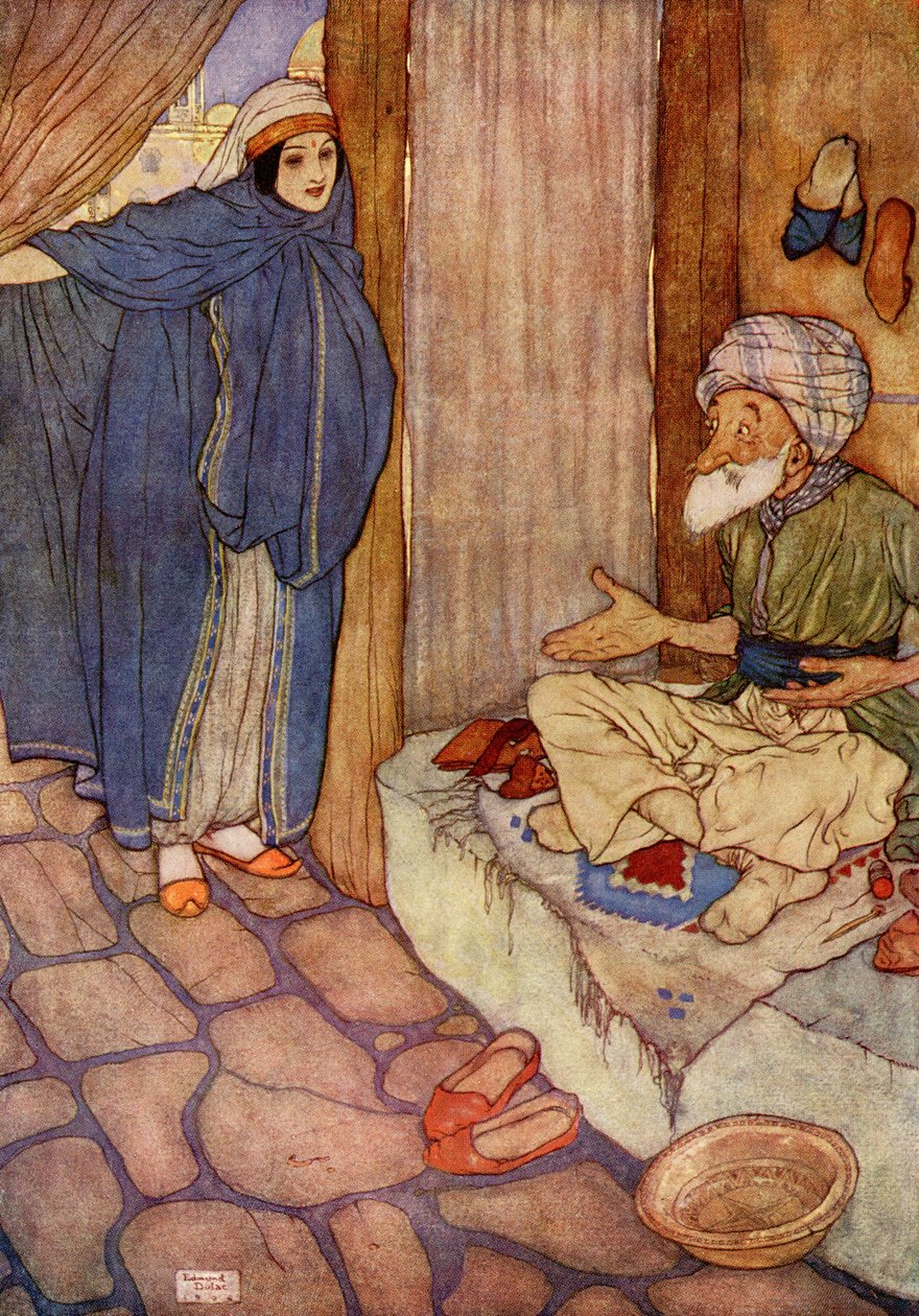 Mustapha tvivlade mycket på sin förmåga att avstå från frågor, illustration från "Ali Baba och de fyrtio tjuvarna av Edmund Dulac
