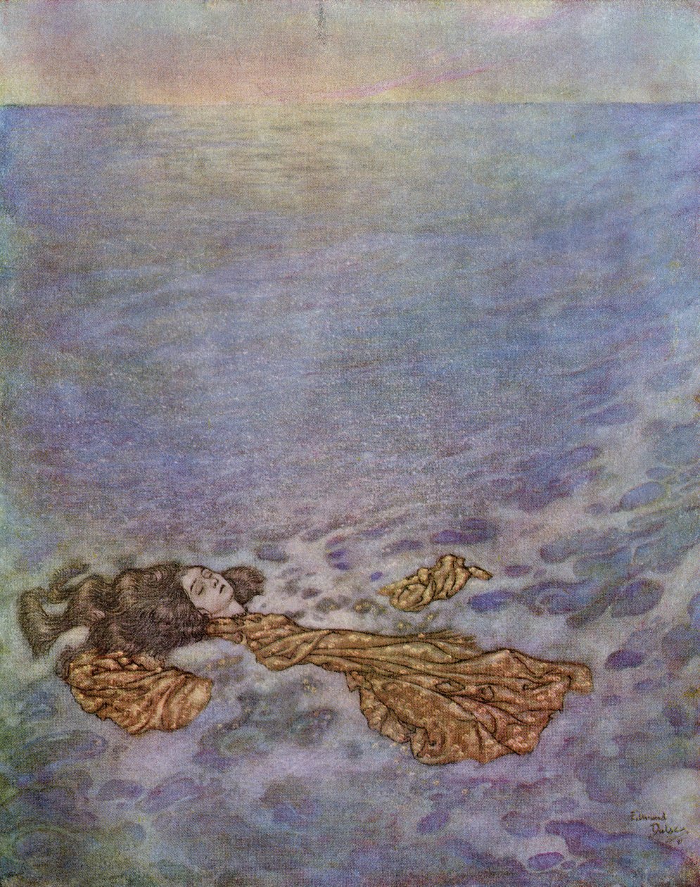 Än en gång såg hon på prinsen, med ögon som redan var fördunklade av döden, sedan kastade hon sig överbord och föll, hennes kropp upplöstes i skum, iIllustration från "Sjöjungfrun av Edmund Dulac