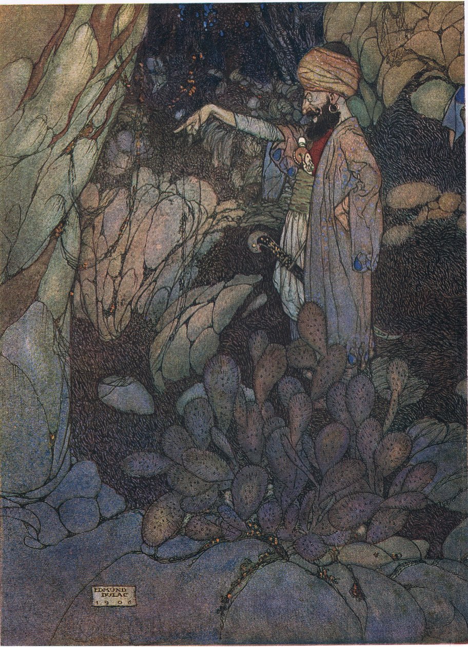 Open Sesame, illustration från "Ali Baba och de fyrtio tjuvarna" (färglitografi) av Edmund Dulac