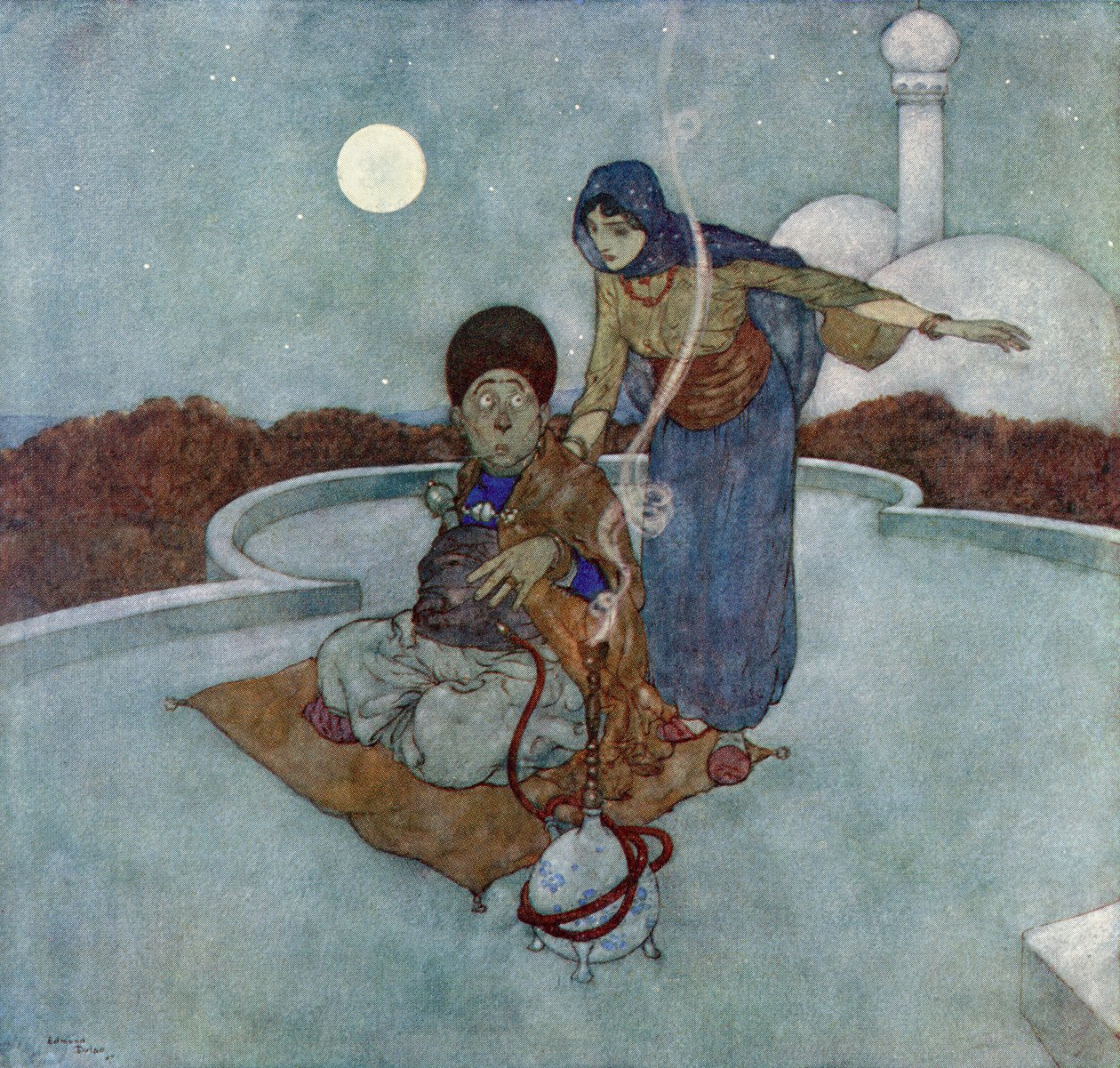Hon ropade: "O olycklige man, vilken sorglig klocka är det inte som du har hållit", illustration från "Berättelsen om den magiska hästen av Edmund Dulac
