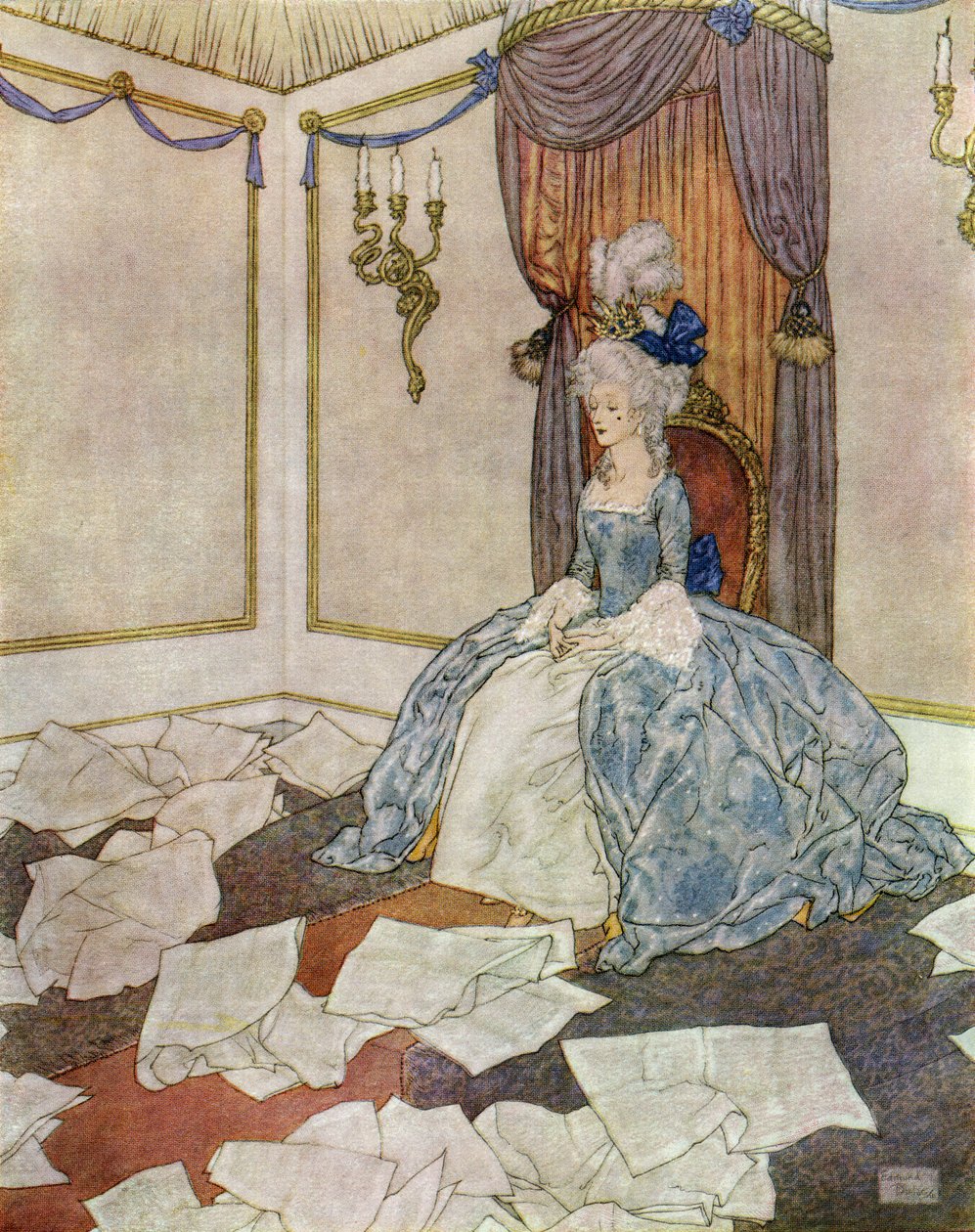 Hon har läst alla tidningar i världen och glömt dem igen, så smart är hon, framsida ur "Snödrottningen av Edmund Dulac