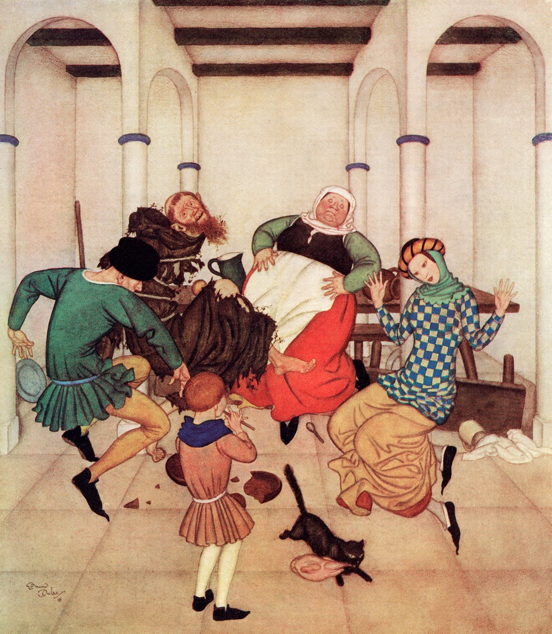"The Friar, bound fast to the post, squirmed and wriggled, showing plainly that he would foot it if he could", illustrationfrån den engelska sagan The Friar and the Boy, ur Edmund Dulacs Fairy-Book: Fairy Tales of the Allied Nations, utgiven 1916 av Edmund Dulac