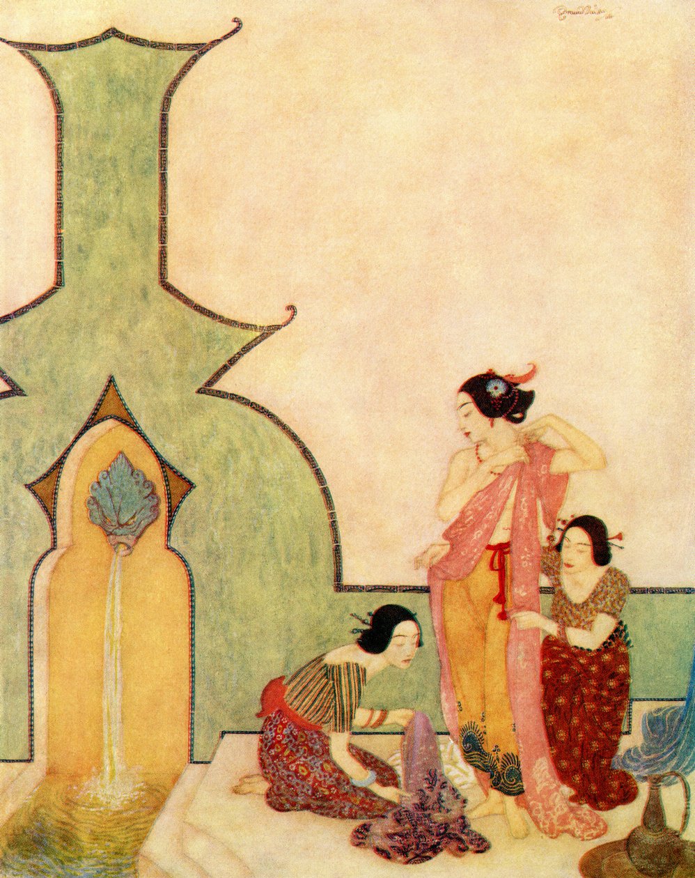 Damen av Bedr-el-budur kommer till badet, illustration från "Aladdin och den underbara lampan av Edmund Dulac