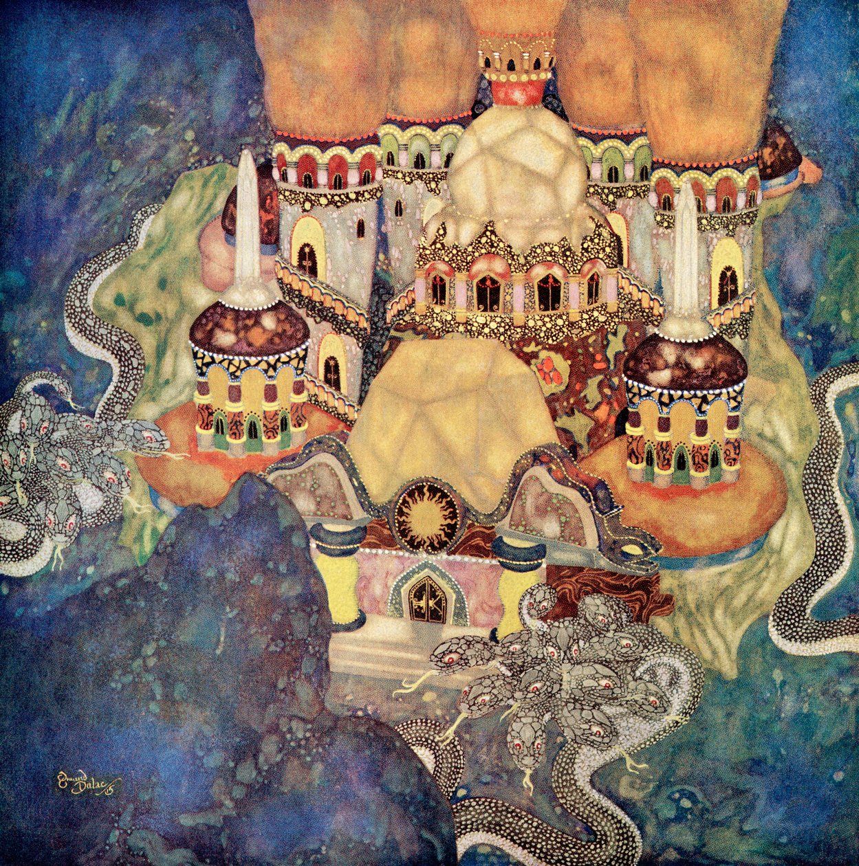 "The Palace of the Dragon King", illustration ur den serbiska sagan The Story of Bashtchelik, ur Edmund Dulacs Fairy-Book: Fairy Tales of the Allied Nations, utgiven 1916 (akvarell på papper) av Edmund Dulac