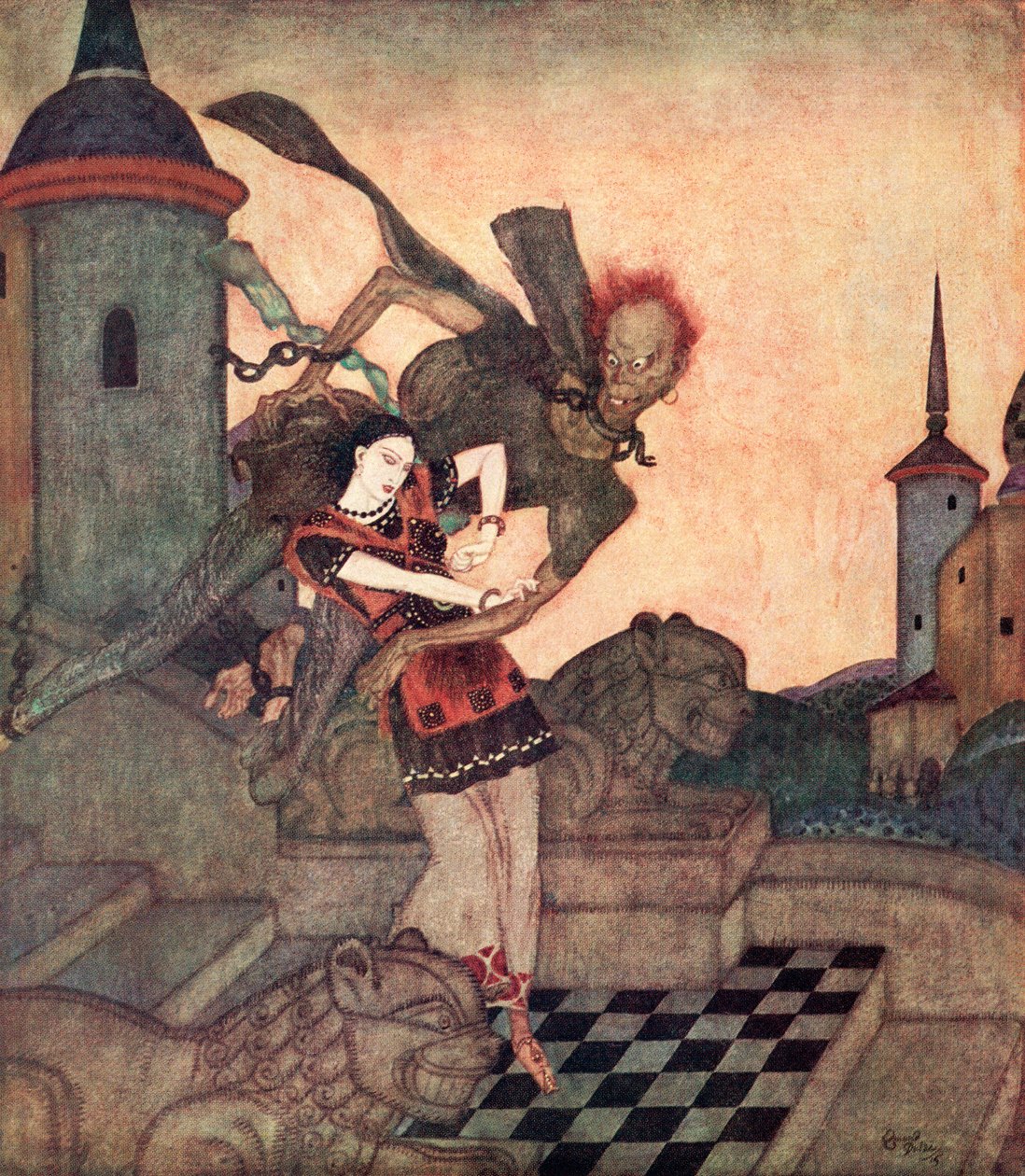 "Prinsen tittade ut och såg hur han ryckte åt sig prinsessan och snabbt flög iväg", illustration ur den serbiska sagan The Story of Bashtchelik, ur Edmund Dulacs Fairy-Book: Fairy Tales of the Allied Nations, utgiven 1916 av Edmund Dulac