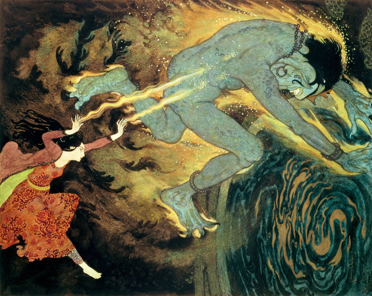 Prinsessan bränner Elfrite till döds, ur berättelsen om de tre kalendrarna i "Sinbad the Sailor and Other Stories" (färglitografi) av Edmund Dulac