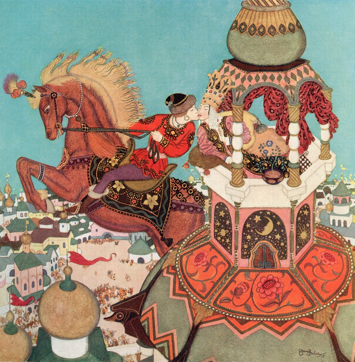 "Kastanjehästen tycktes dröja sig kvar i luften på toppen av sitt språng medan kyssen varade", illustration från den ryska sagan Ivan och kastanjehästen, ur Edmund Dulacs Fairy-Book: Fairy Tales of the Allied Nations, utgiven 1916 av Edmund Dulac