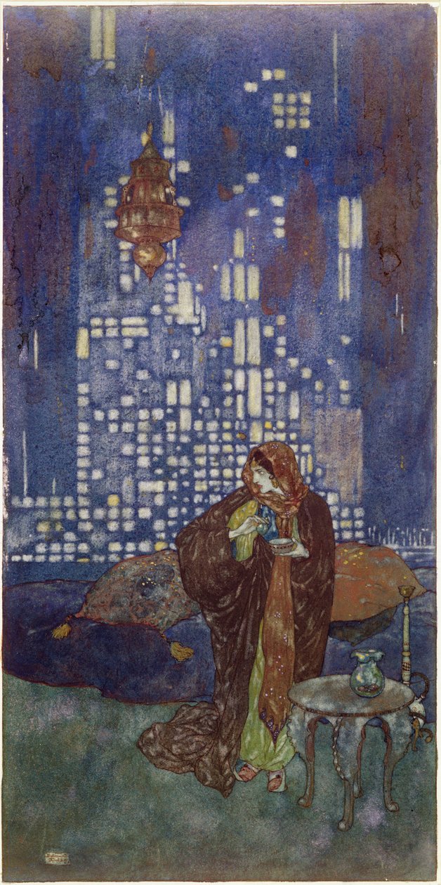 "Den kopp vin som hon ger honom varje kväll innehåller ett sovande drag", illustration till "King of the Ebony Isles av Edmund Dulac