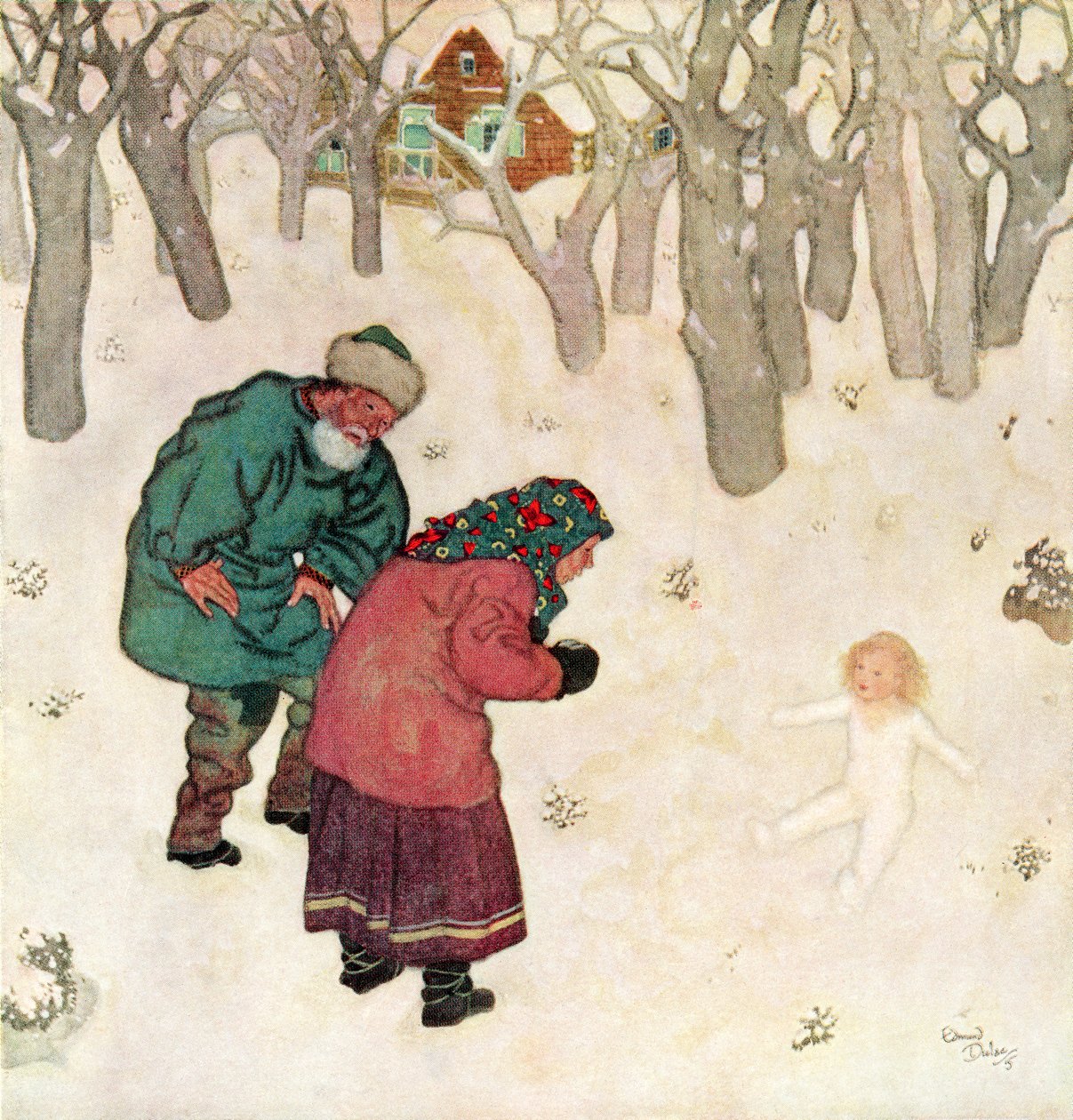 "The daintiest, prettiest little maiden they had ever seen", illustration från den ryska sagan Snegorotchka, ur Edmund Dulacs Fairy-Book: Fairy Tales of the Allied Nations, utgiven 1916 av Edmund Dulac