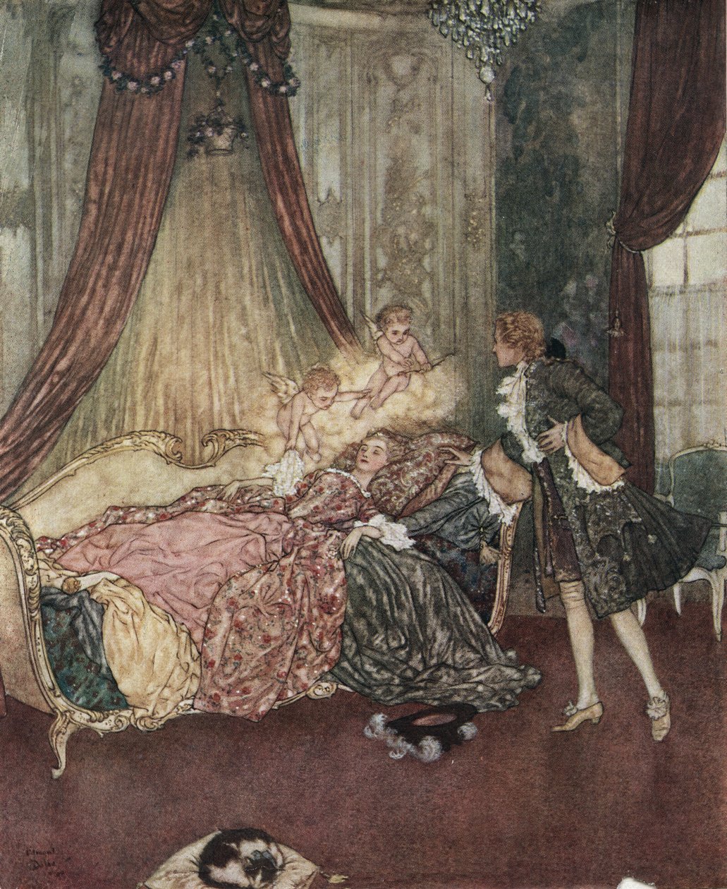 Den sovande skönheten: Prins Charming upptäcker den sovande flickan, ca 1910 (litografi) av Edmund Dulac