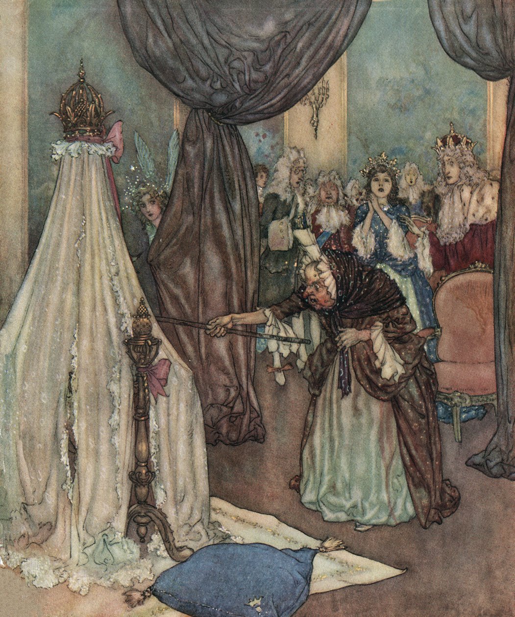 Den sovande skönheten: en gammal avgift lutar sig över prinsessans spjälsäng och förbannar henne, ca 1910 (litografi) av Edmund Dulac