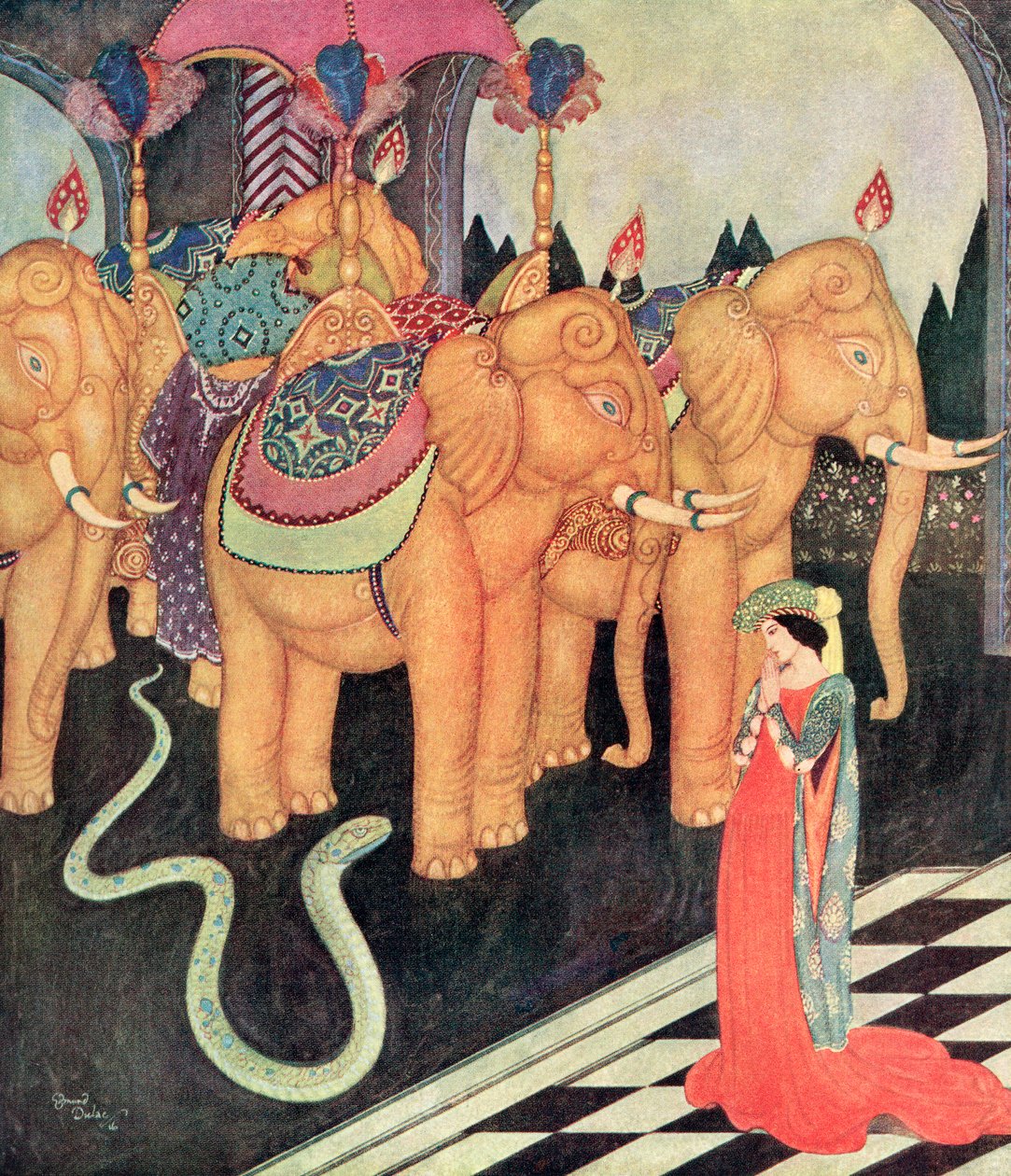 "När Grannmia såg sin främmande älskare förblev hon ensam lugn och modig", illustration ur den italienska sagan The Serpent Prince, ur Edmund Dulacs Fairy-Book: Fairy Tales of the Allied Nations, utgiven 1916 av Edmund Dulac