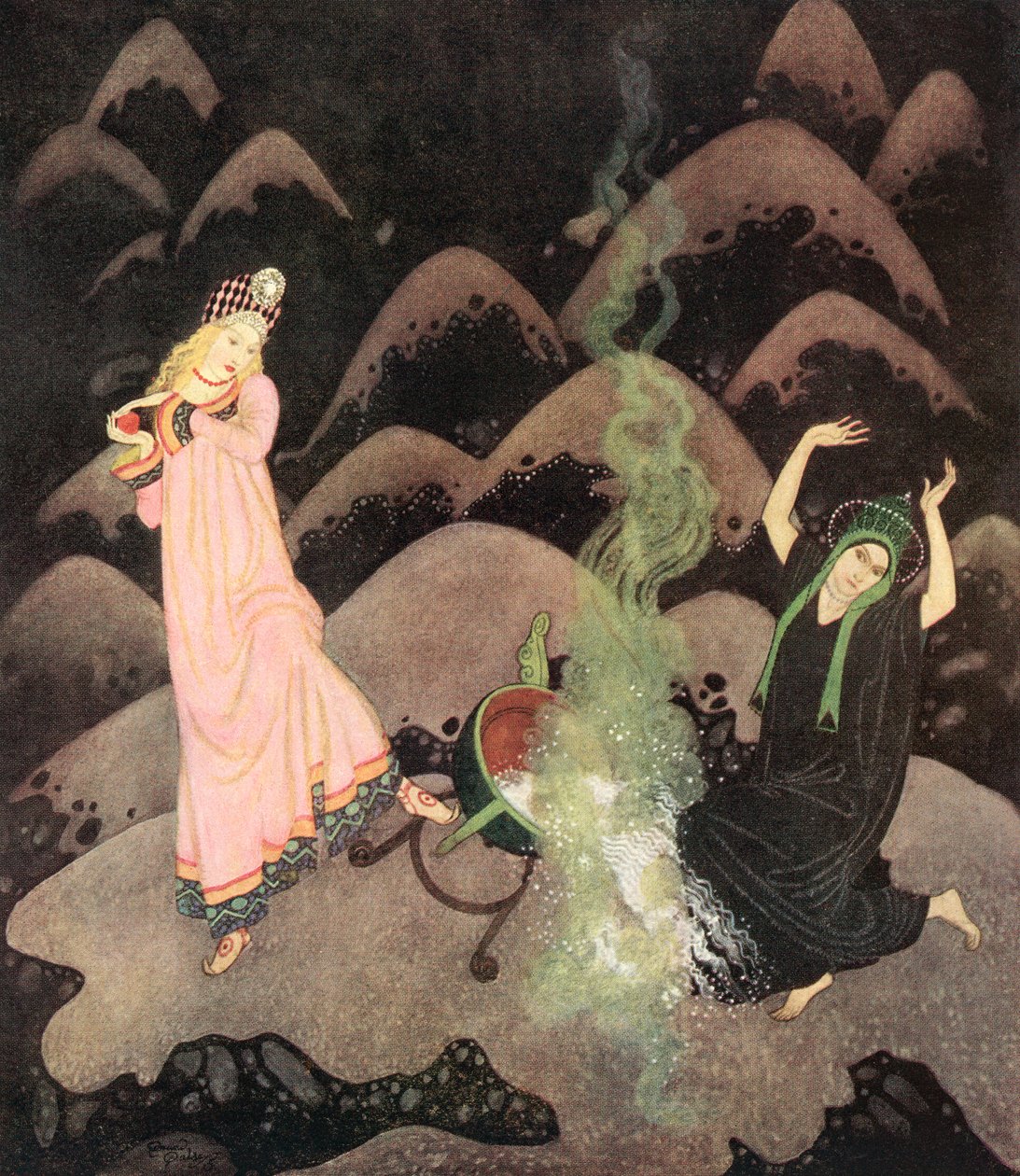 "Med ett skrik rusade prinsessan fram, och innan hennes elaka syster hann hindra henne hade hon med ett brak vält kitteln", illustration ur den ryska sagan Eldfågeln, ur Edmund Dulacs Fairy-Book: Fairy Tales of the Allied Nations, av Edmund Dulac
