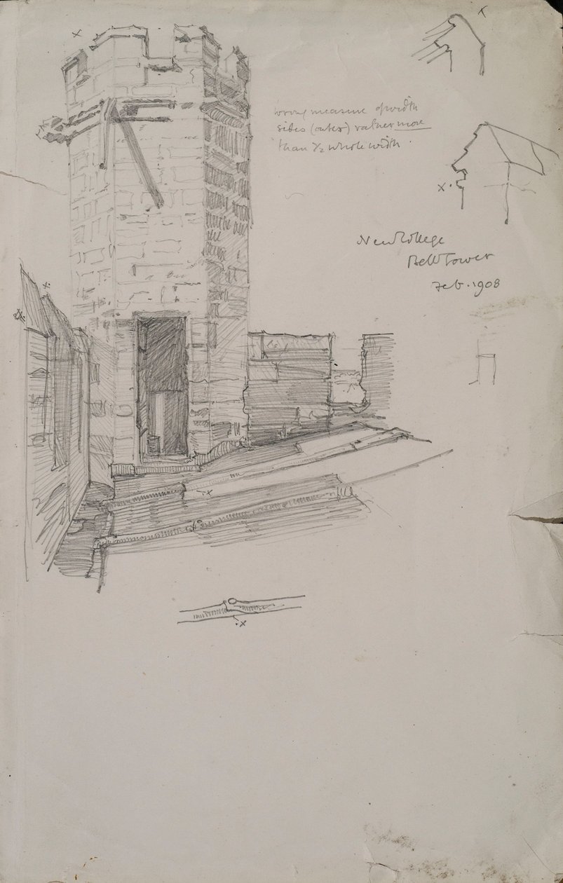 Skiss av klocktornet vid New College, med en detalj av det blyinfattade taket, 1908 blyertspenna på papper av Edmund Hort New