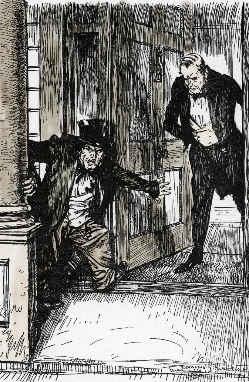 Dr Lanyon öppnar sin dörr och upptäcker Mr Hyde vetus av kläder alldeles för stora, Illustration av Edmund Joseph Sullivan (1869-1933) för romanen L