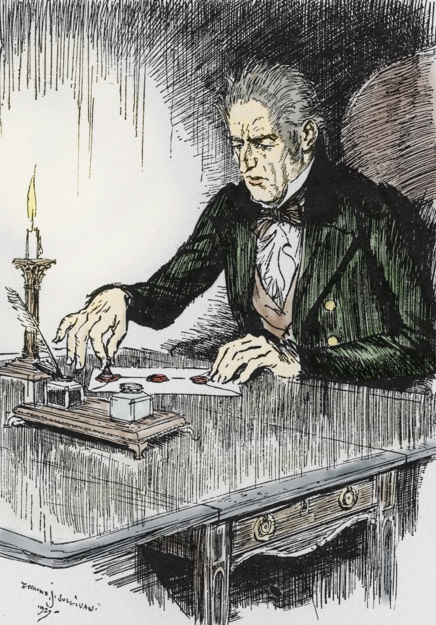 Dr jekyll avslutar brevet där han erkänner att han är mördaren Mr Hyde, Illustration av Edmund Joseph Sullivan (1869-1933) till romanen L