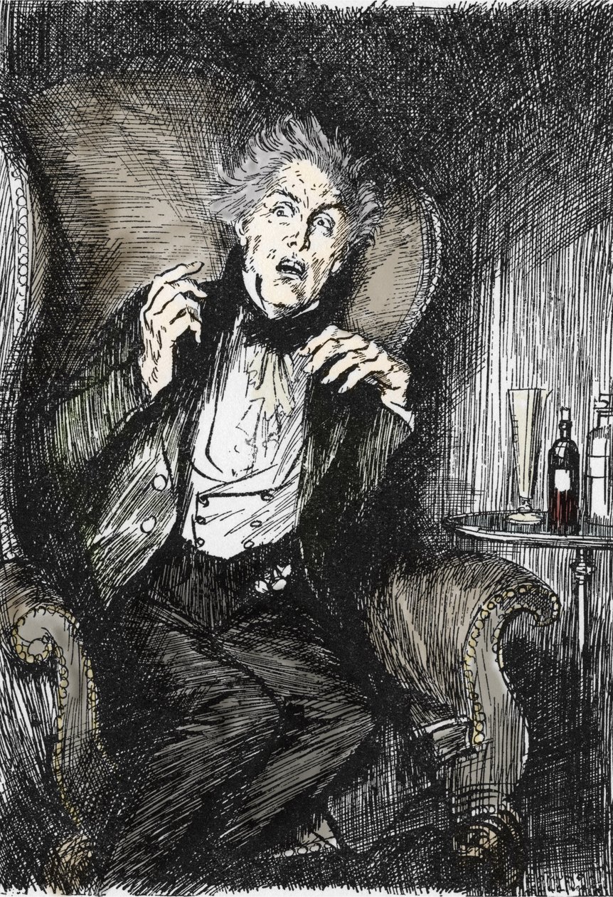 Dr jekyll i skräck under sitt samtal med Utterson och Enfield, Illustration av Edmund Joseph Sullivan (1869-1933) för romanen L