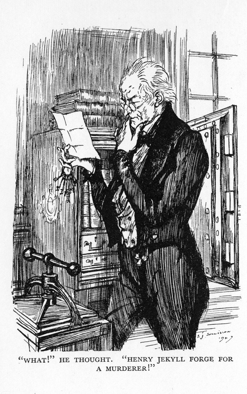Scen från The Strange Case of Dr Jekyll and Mr Hyde av Robert Louis Stevenson, 1927 av Edmund Joseph Sullivan