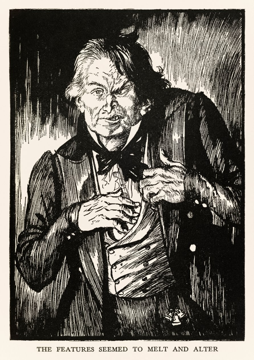 Funktionerna verkade smälta och förändras" från "Strange Case of Dr Jekyll and Mr Hyde" av Robert Louis Stevenson (1850-1894) illustrerad av E. J. Sullivan (1869-1933) av Edmund Joseph Sullivan