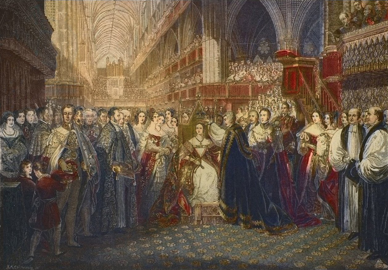 Kröning av drottning Victoria i Westminster Abbey, London den 28 juni 1838 - Kröning av drottning Victoria, drottning av Storbritannien och Irland (1819-1901), i Westminster Abbey av Edmund Thomas (after) Parris