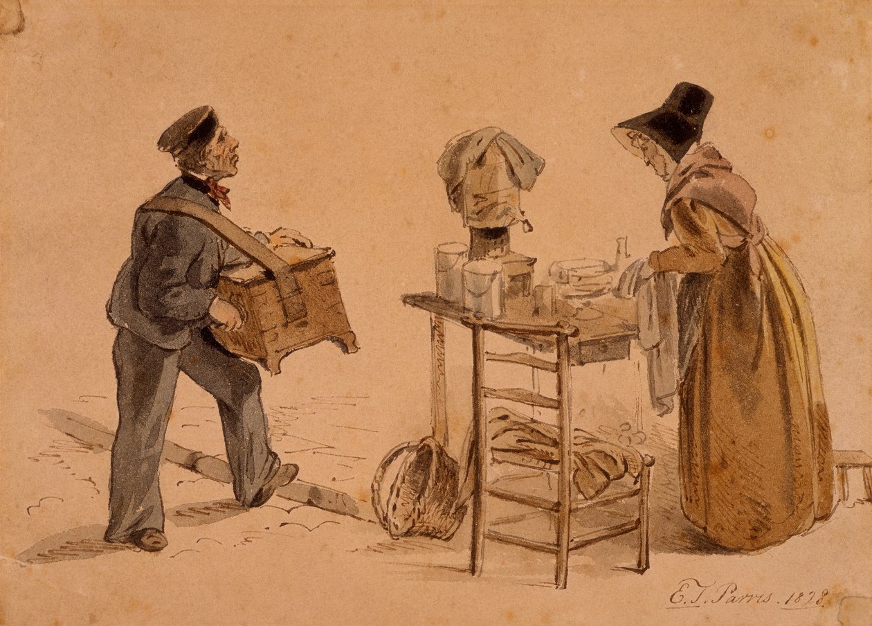 En man med en tunnorgel och en kaffeförsäljare, 1828 av Edmund Thomas Parris