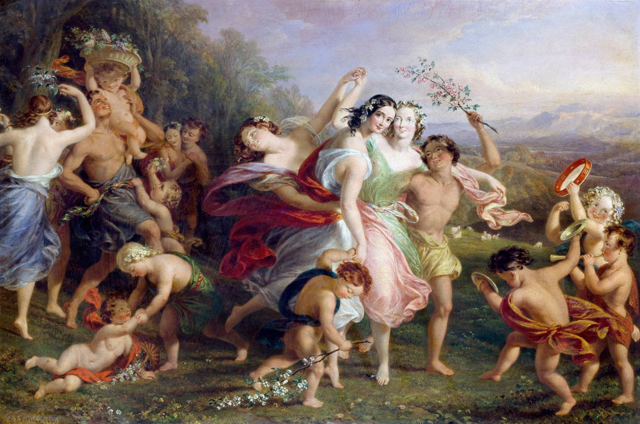 "Matinee de mai" Dans och rundgång med skogsfigurer, barn omslutna av blommor. Målning av Edmund Thomas Parris (1793-1873) 1859 av Edmund Thomas Parris