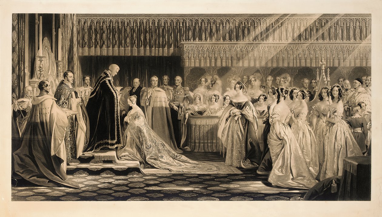 Kröningen av Hennes Majestät Drottning Victoria, i Westminster Abbey, 28 juni 1838, graverad av Charles Edward Flagstaff av Edmund Thomas Parris