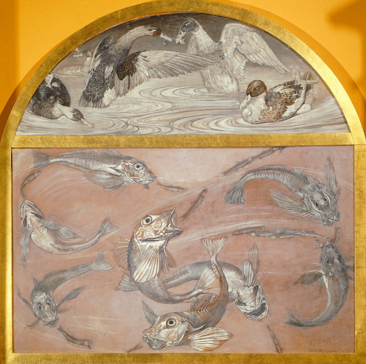 Diptyk med fiskar och ankor i dammen (tempera på kortet,) av Edoardo Gioja