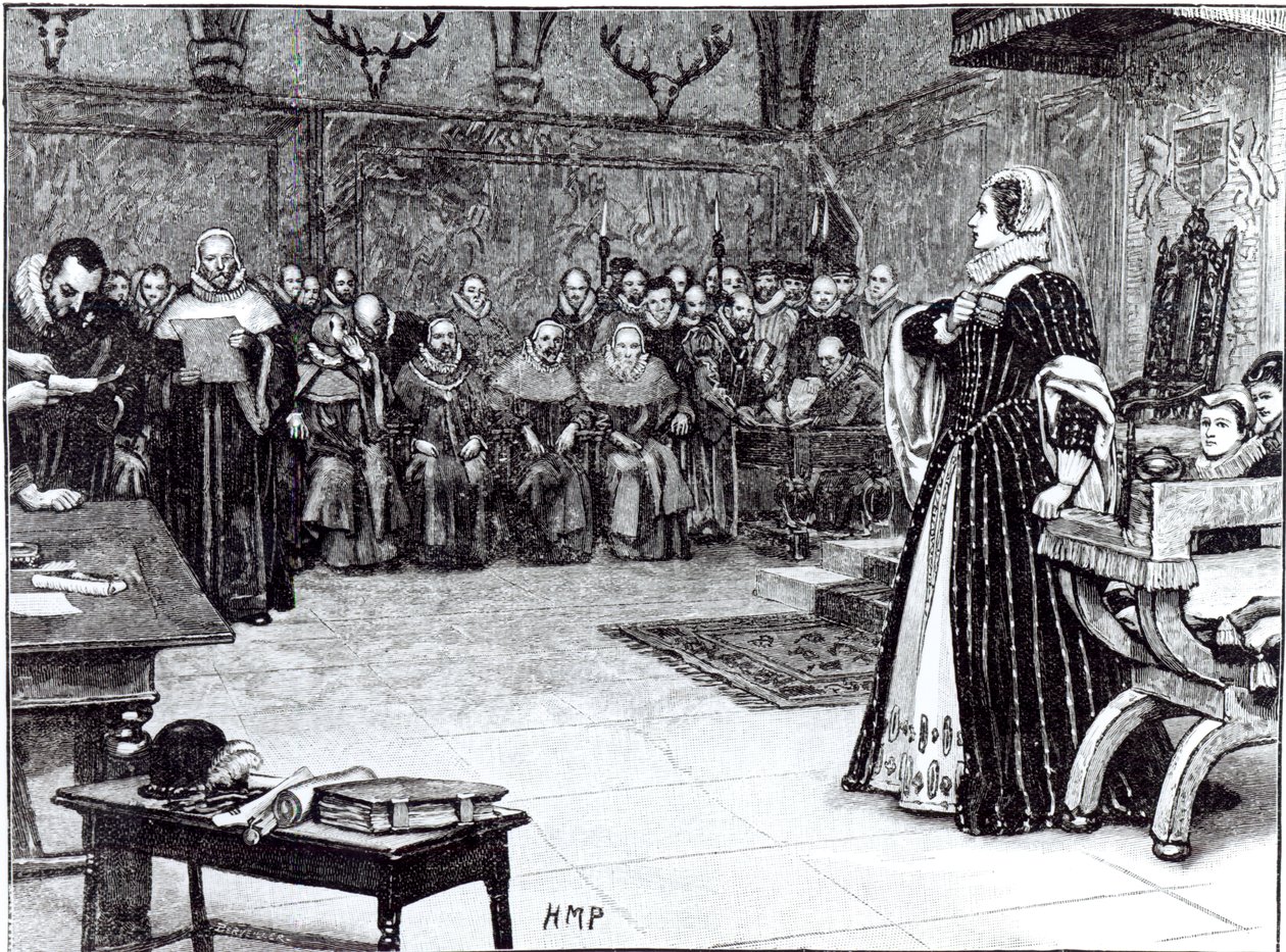 Rättegång mot Mary Queen of Scots (1542-87) i Fotheringhay Castle av Edouard Berveiller