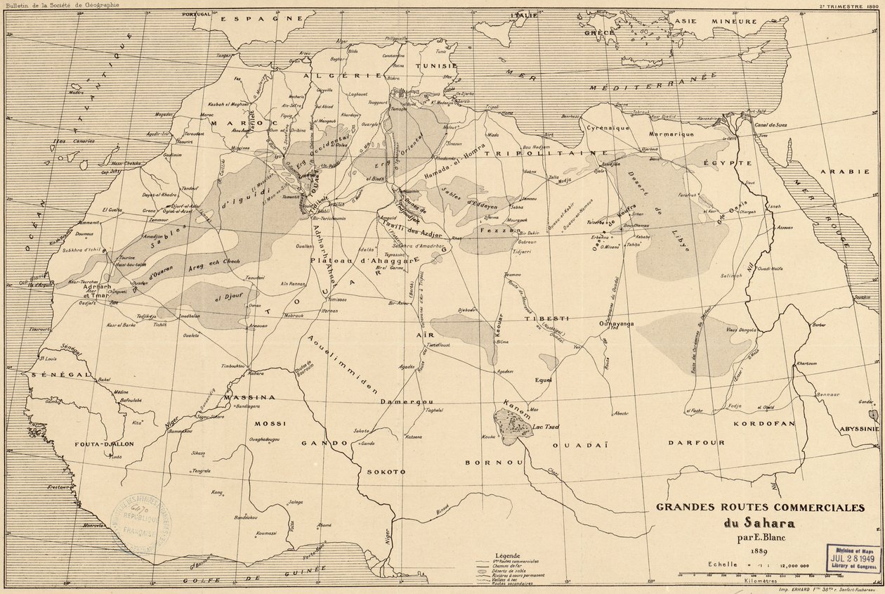 1889 map of trans-Saharan trading routes by French explorer Edouard Blanc av Edouard Blanc