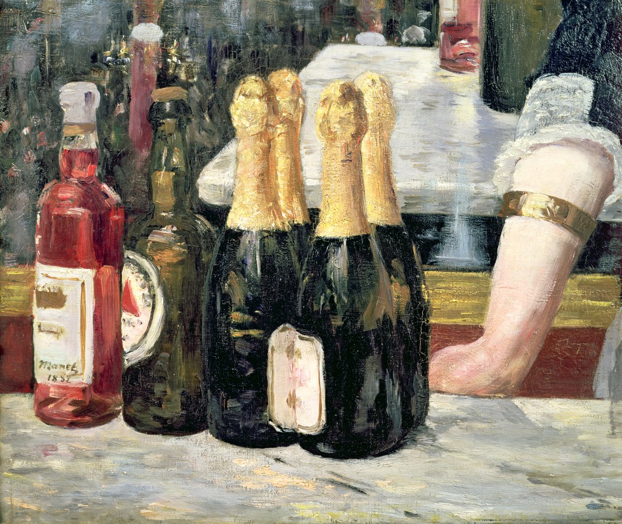 A Bar at the Folies-Bergere, detalj av flaskorna på vänster sida, 1881-82 av Édouard Manet