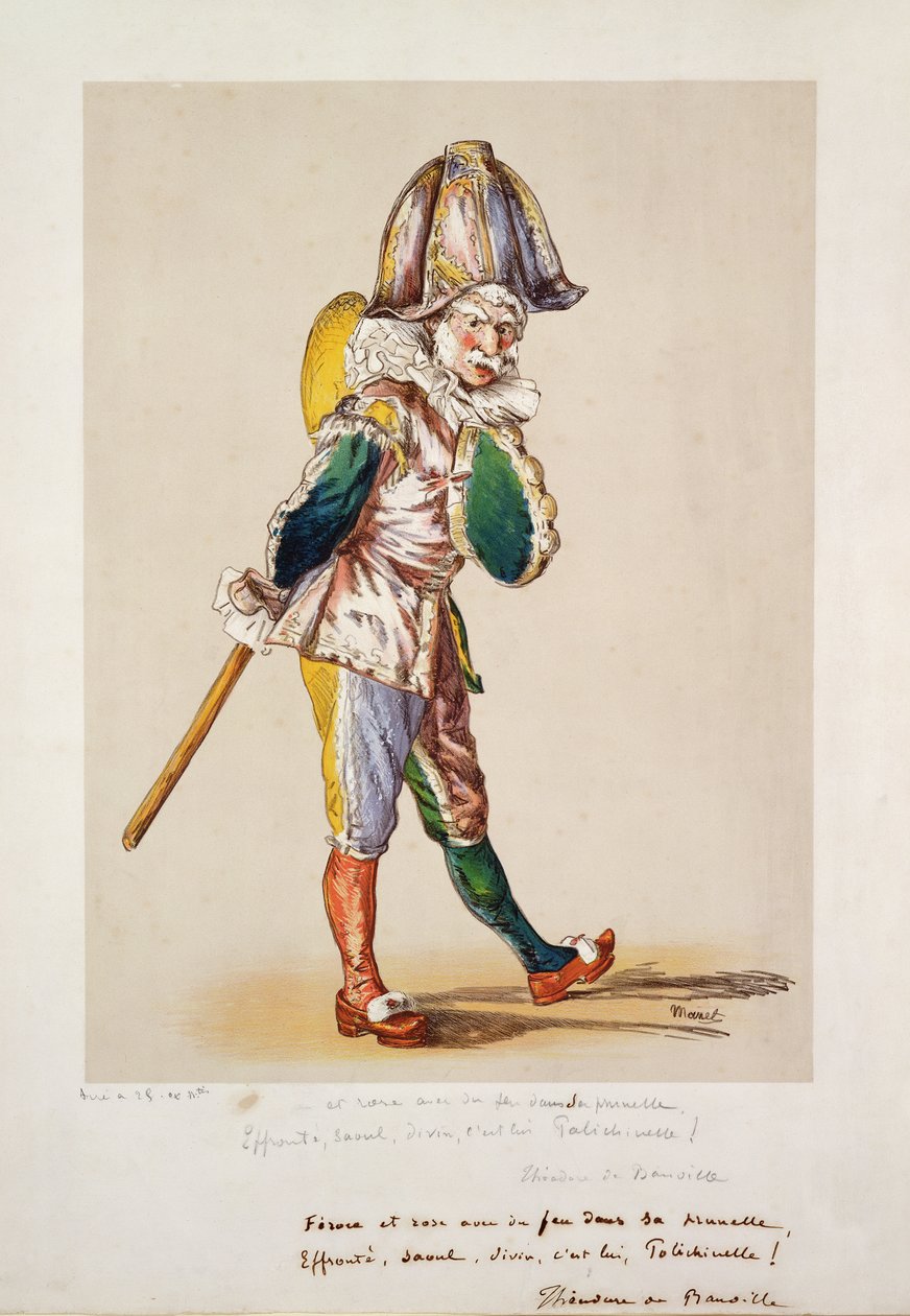 Polichinelle, 1876 (färglitografi, vit gouache och wc på papper) av Édouard Manet