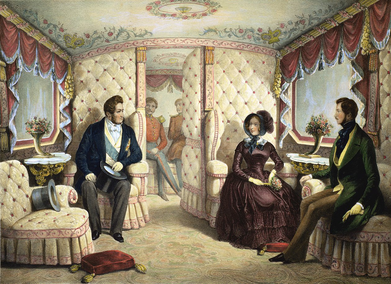 Interiör av drottningens järnvägsvagn, graverad av Jules David (1808-92), ca 1844 av Edouard Pingret