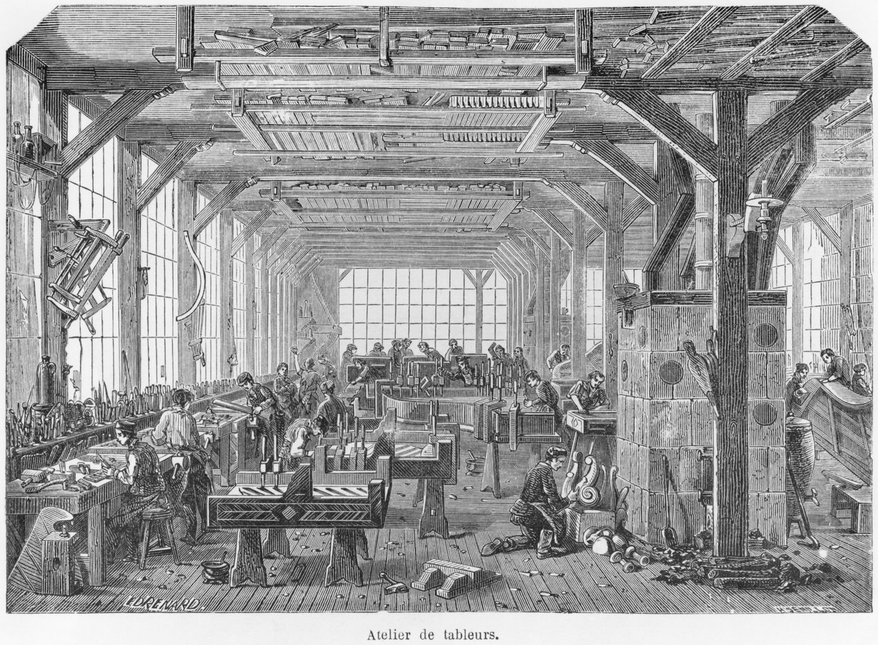 Workshop av Pleyel-pianotillverkare under det andra imperiet, illustration från 