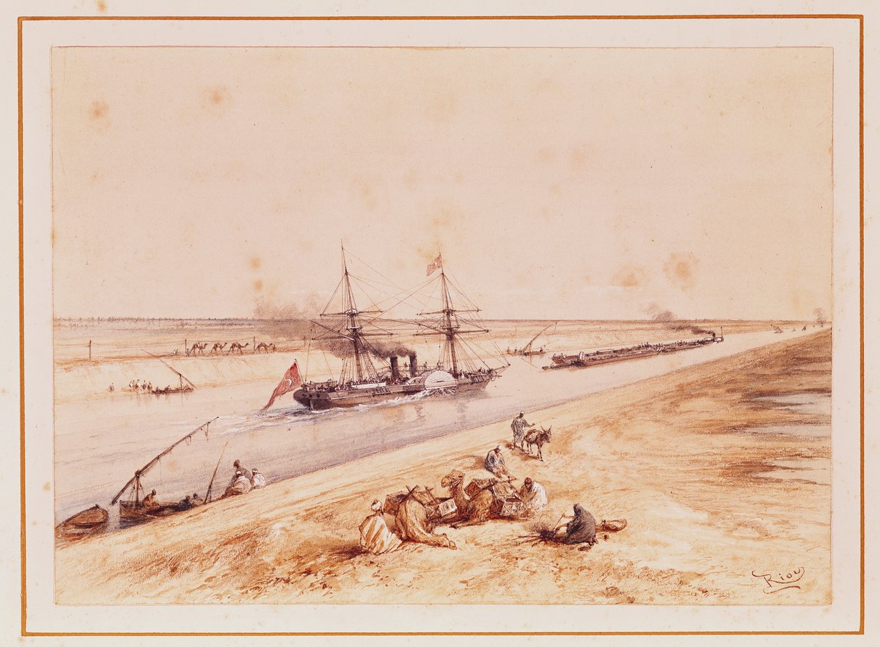 En turkisk hjulångare på väg uppför Suezkanalen, från ett souveniralbum för att fira kejsarinnan Eugenies resa (1826-1920) vid invigningen 1869 av Edouard Riou