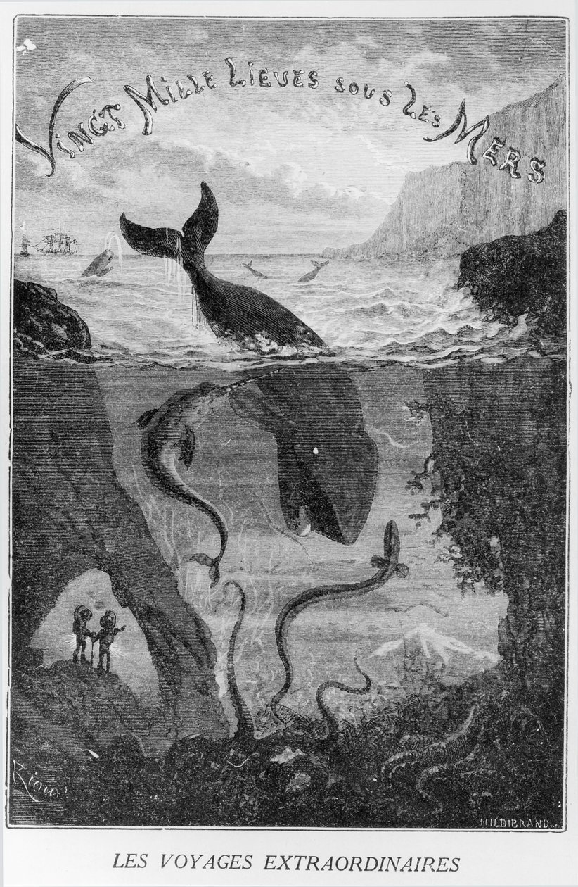 Omslagsillustration från "20 000 mil under havet" av Jules Verne (1828-1905), graverad av Henri Theophile Hildibrand (1824-97). av Edouard Riou