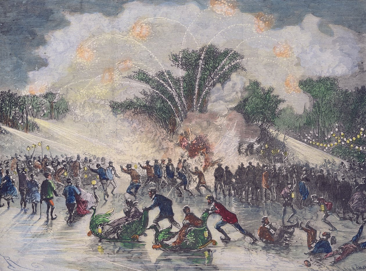 Skridskofest i Bois de Boulogne, Paris, graverad av Charles Maurand av Edouard Riou